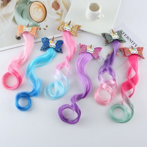 Girls Cute Unicorn Hair Clips Gradient Color Wig