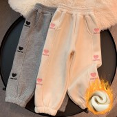 【18M-8Y】Girls Stylish Heart Shape And Letter Embroidered Thick Fleece Pants