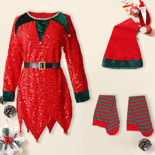 【12M-10Y】Girl Cute Christmas-themed Sequined Irregular Dress Including Santa Hat And Socks